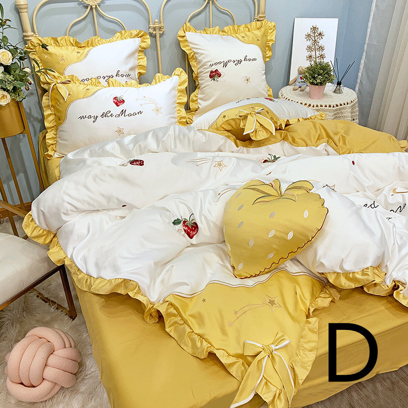 Cotton Embroidery Duvet Cover Set - Four-Piece Bedding with Strawberry Design