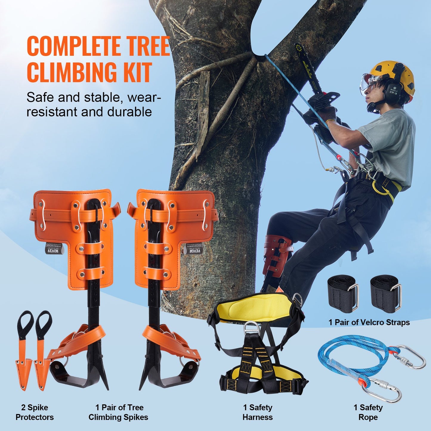 Tree Climbing Spikes Set with Safety Rope and Harness - Alloy Steel, Orange