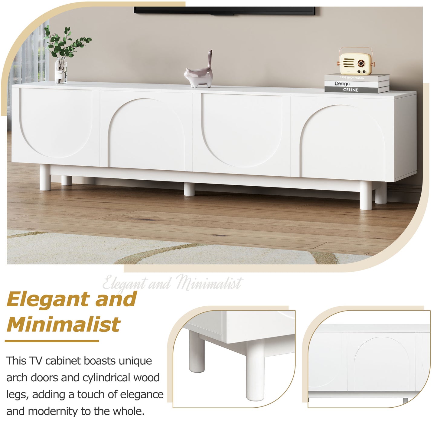 Minimalist TV Stand with Arch Cabinets for TVs Up to 78" - White