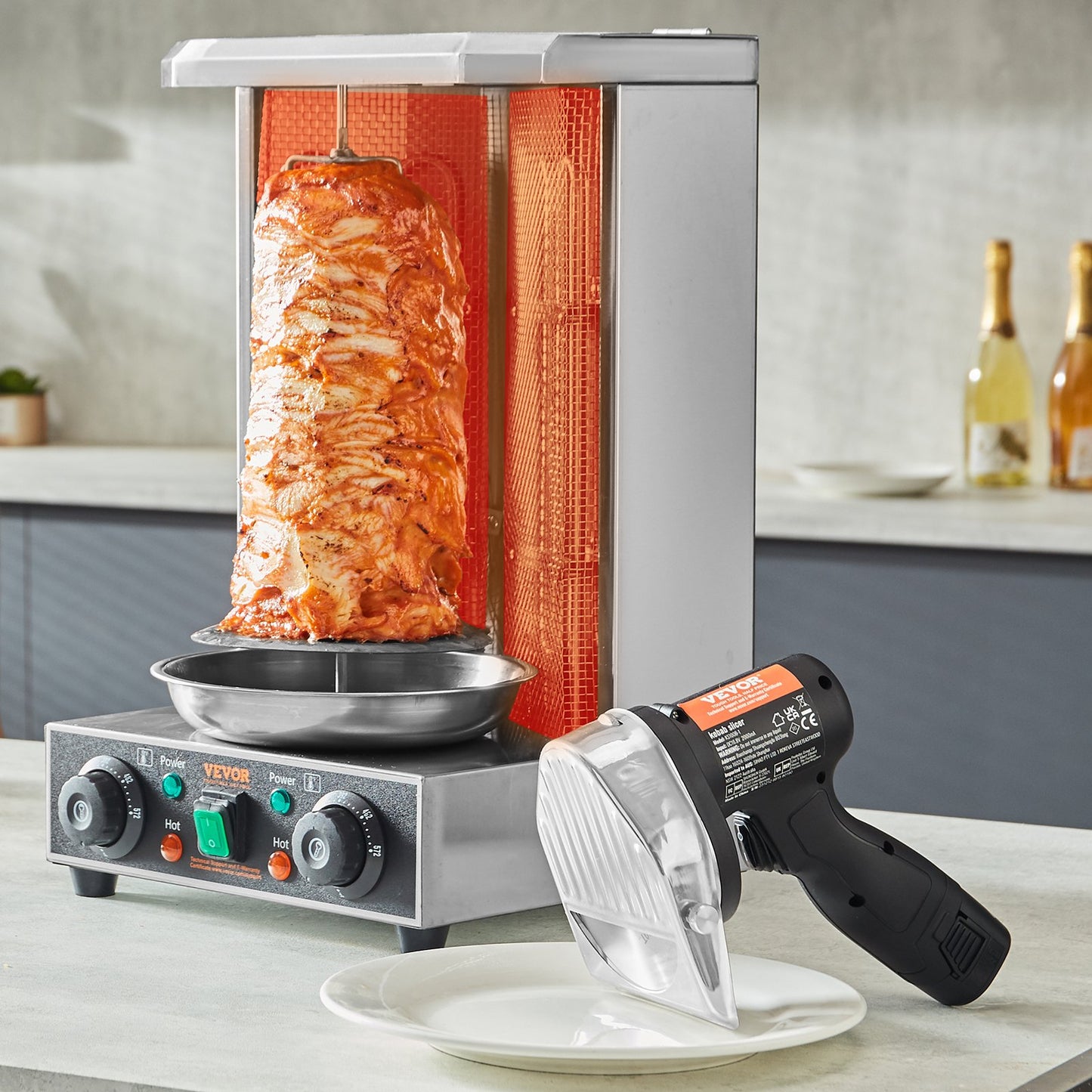Electric Shawarma Knife 80W Cordless Kebab Meat Slicer with 2 Blades & Adjustable Thickness