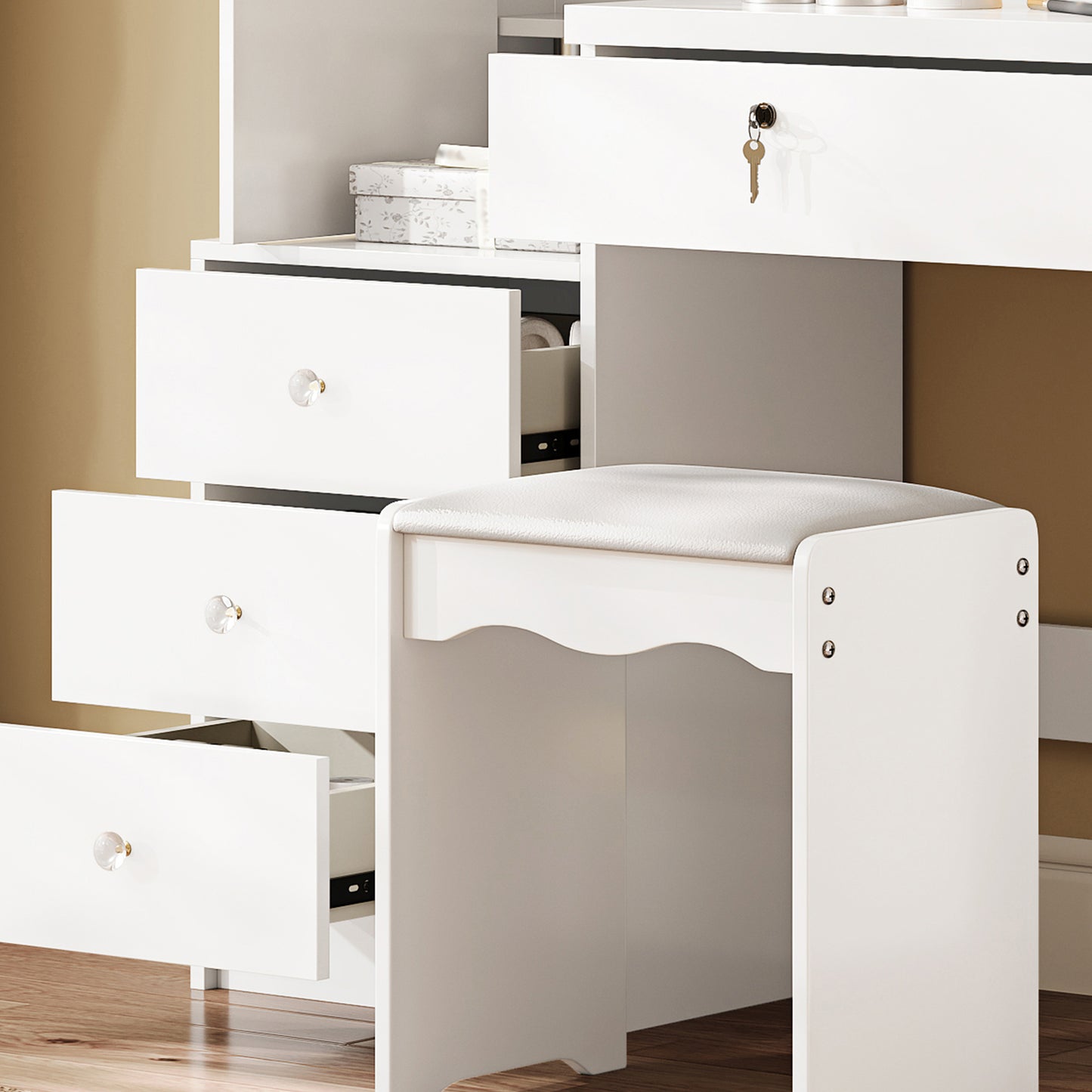 Lighted Makeup Vanity Desk Set with 4 Drawers & Stool - White