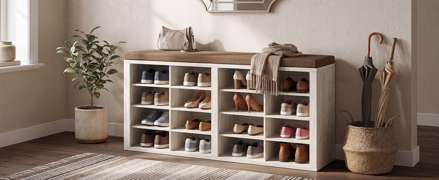 Shoe Storage Bench With Cushion 16 Cubby Rack Multifunctional