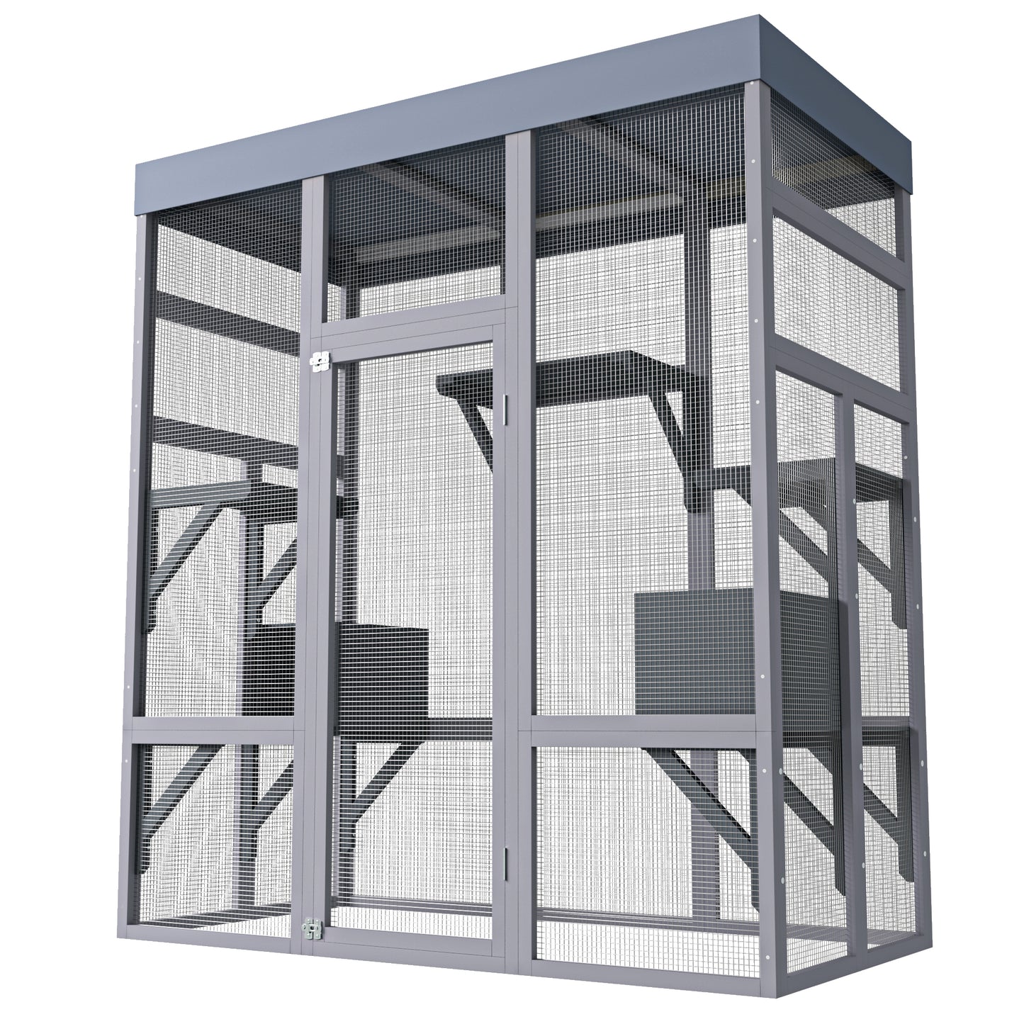 Outdoor Wooden Cat Enclosure with Waterproof Roof and Multiple Levels - Gray
