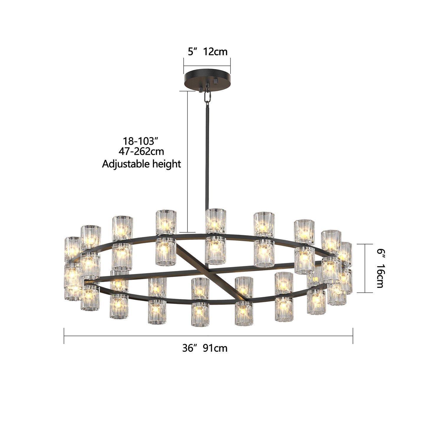 36-Inch Crystal Chandelier - Modern LED Decorative Lighting
