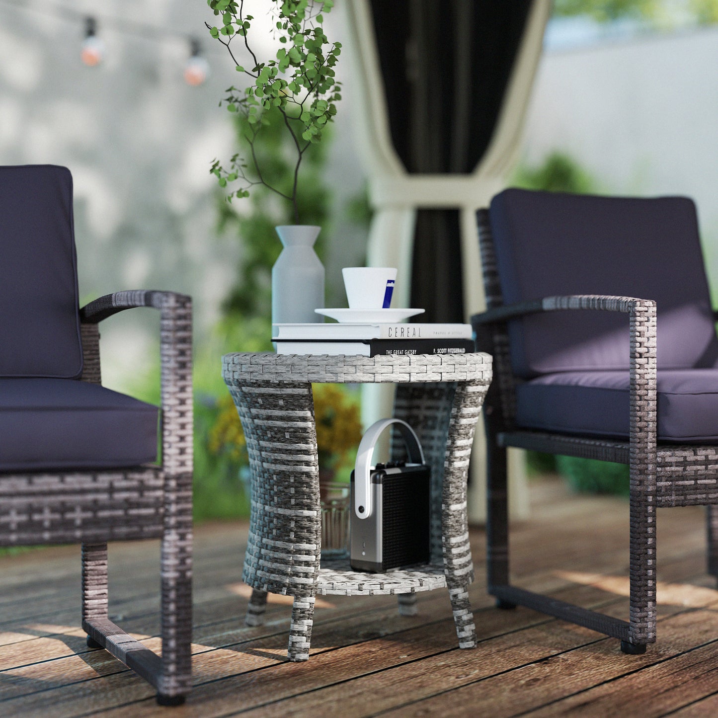 18" Outdoor Coffee Table - Wicker Patio Side Table with 2-Tier Storage, Mixed Gray