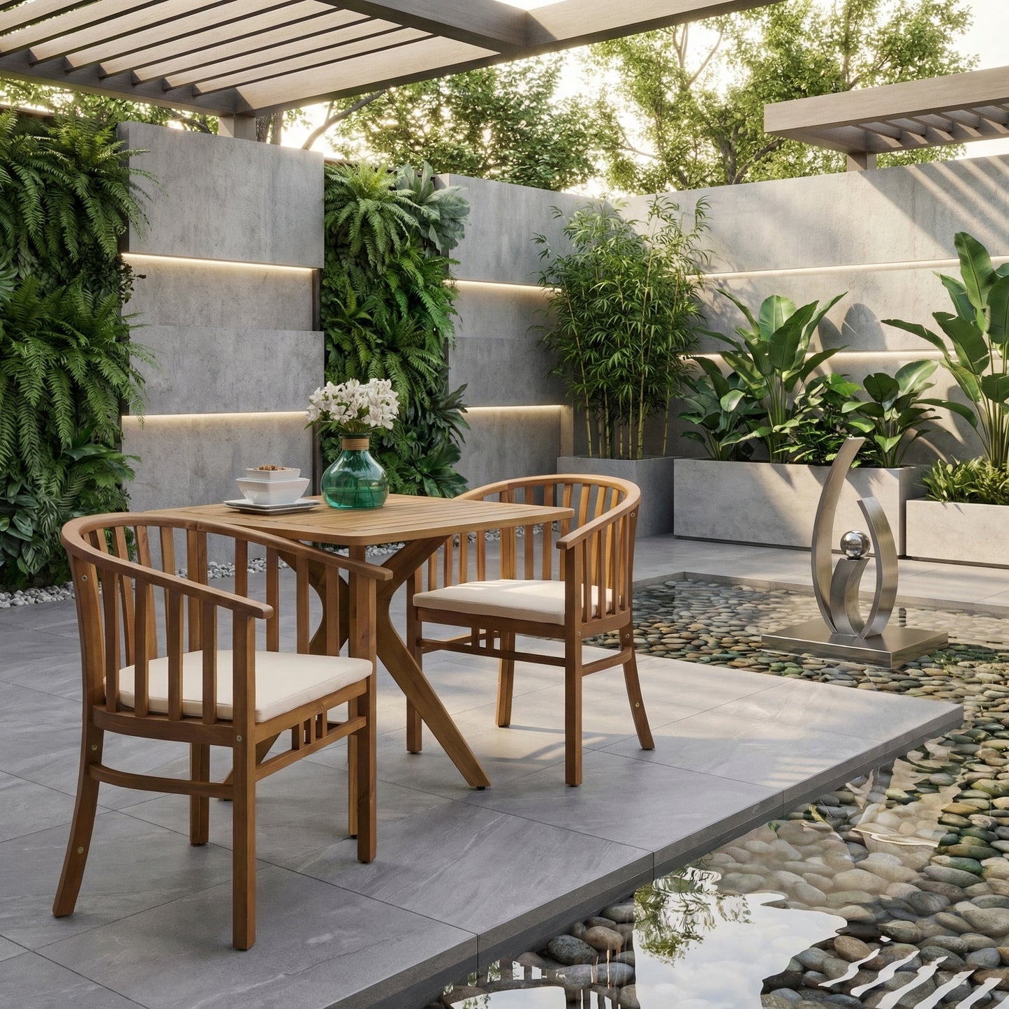 Outdoor Dining Chairs Set of 2 with Cushions - Teak Finish
