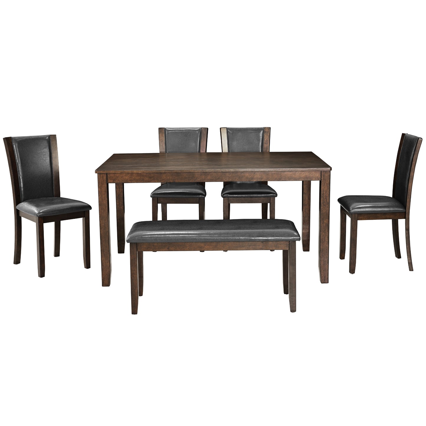 6-Piece Farmhouse Dining Table Set with Bench & Chairs - Dark Walnut