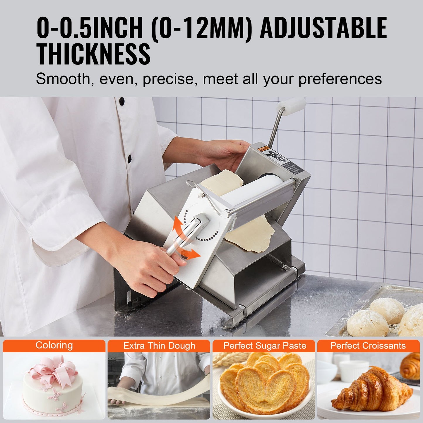 Manual Dough Sheeter Machine for Pastry and Pasta - Adjustable Thickness, Silver