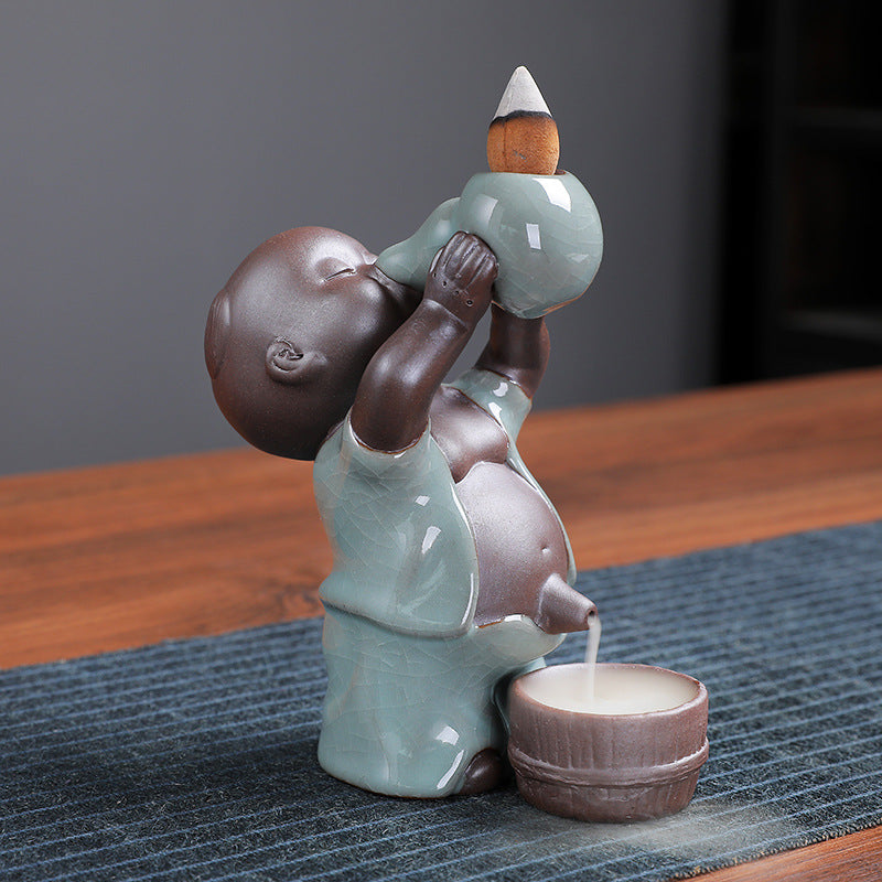 Chinese Backflow Incense Burner with Cracked Ice Boy Ceramic Decor for Aromatherapy