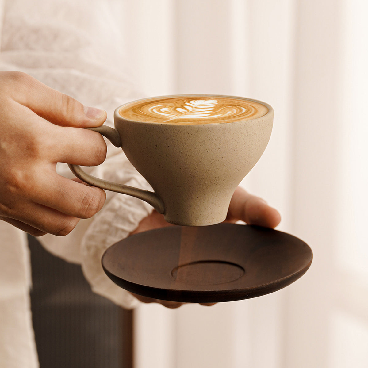 Minimalist Ceramic Coffee Cup with Wooden Handle and Coaster - 200ml