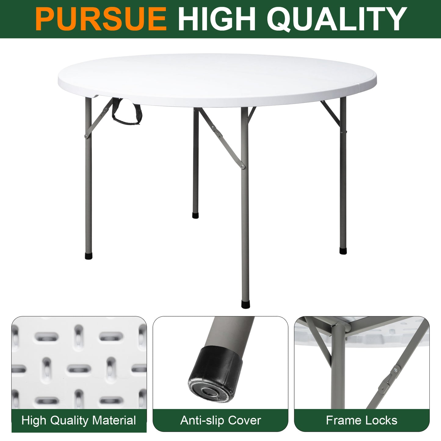 48-Inch Round Folding Table with Handle & Steel Legs - White