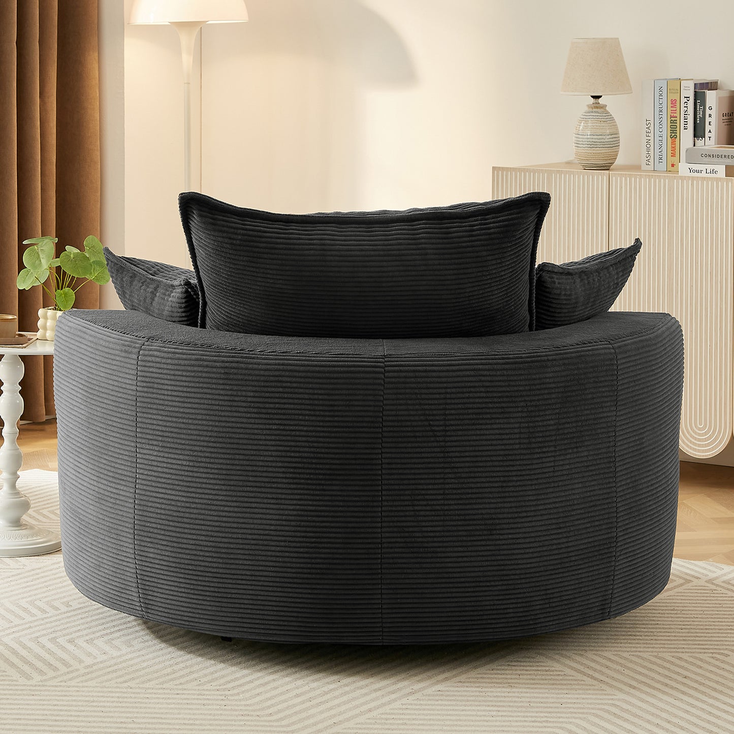 Oversized 360° Swivel Chair with Dual-Layer Cushions - Black