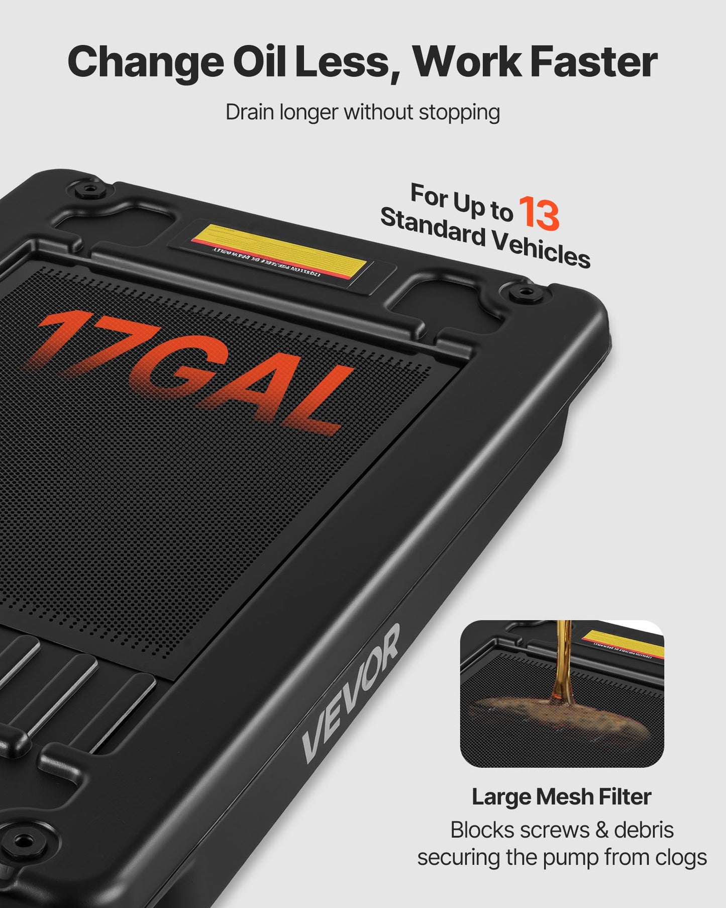 17 Gallon Low Profile Oil Drain Pan with Electric Pump & Hose - Leak-Proof, Corrosion-Resistant, Mobile for Cars & Motorcycles