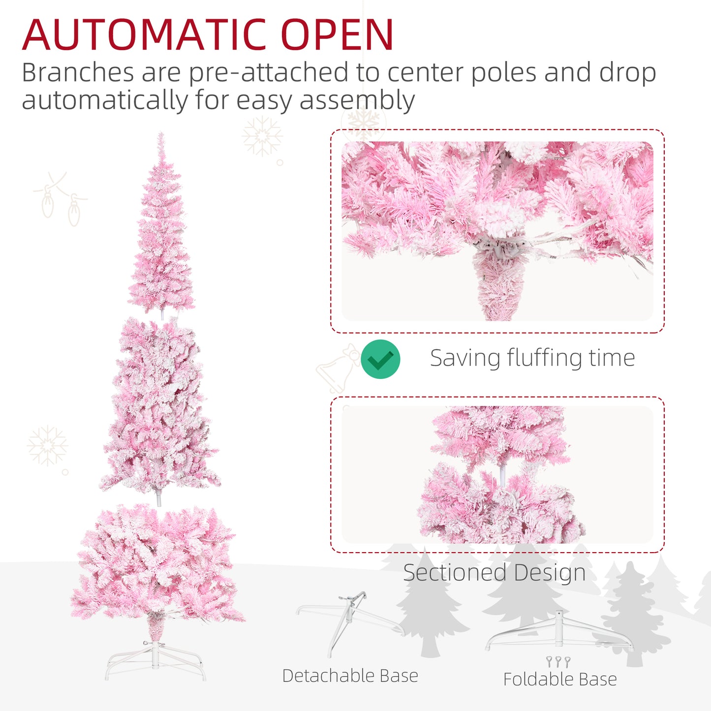 7.5ft Prelit Snow Flocked Pink Pencil Christmas Tree with LED Lights