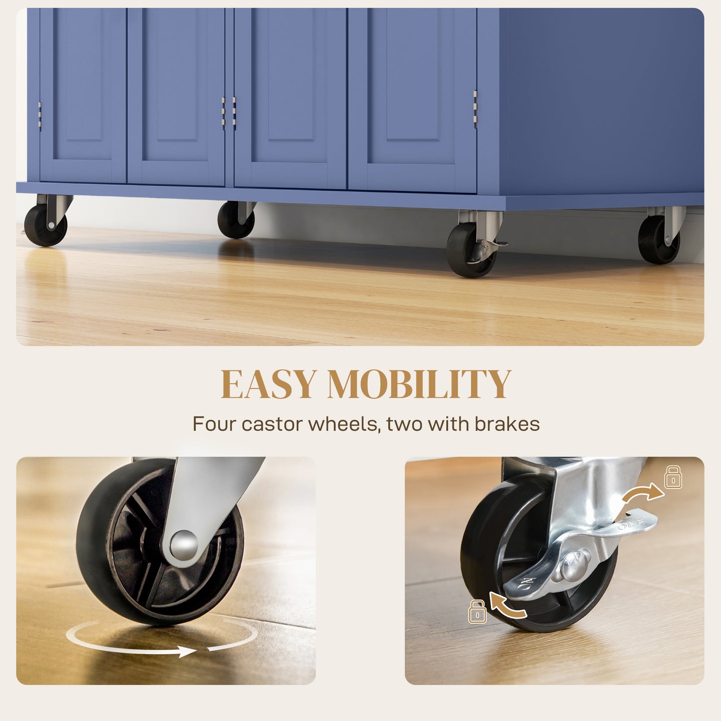 Rolling Kitchen Island on Wheels with Rubberwood Top and Storage - Navy Blue