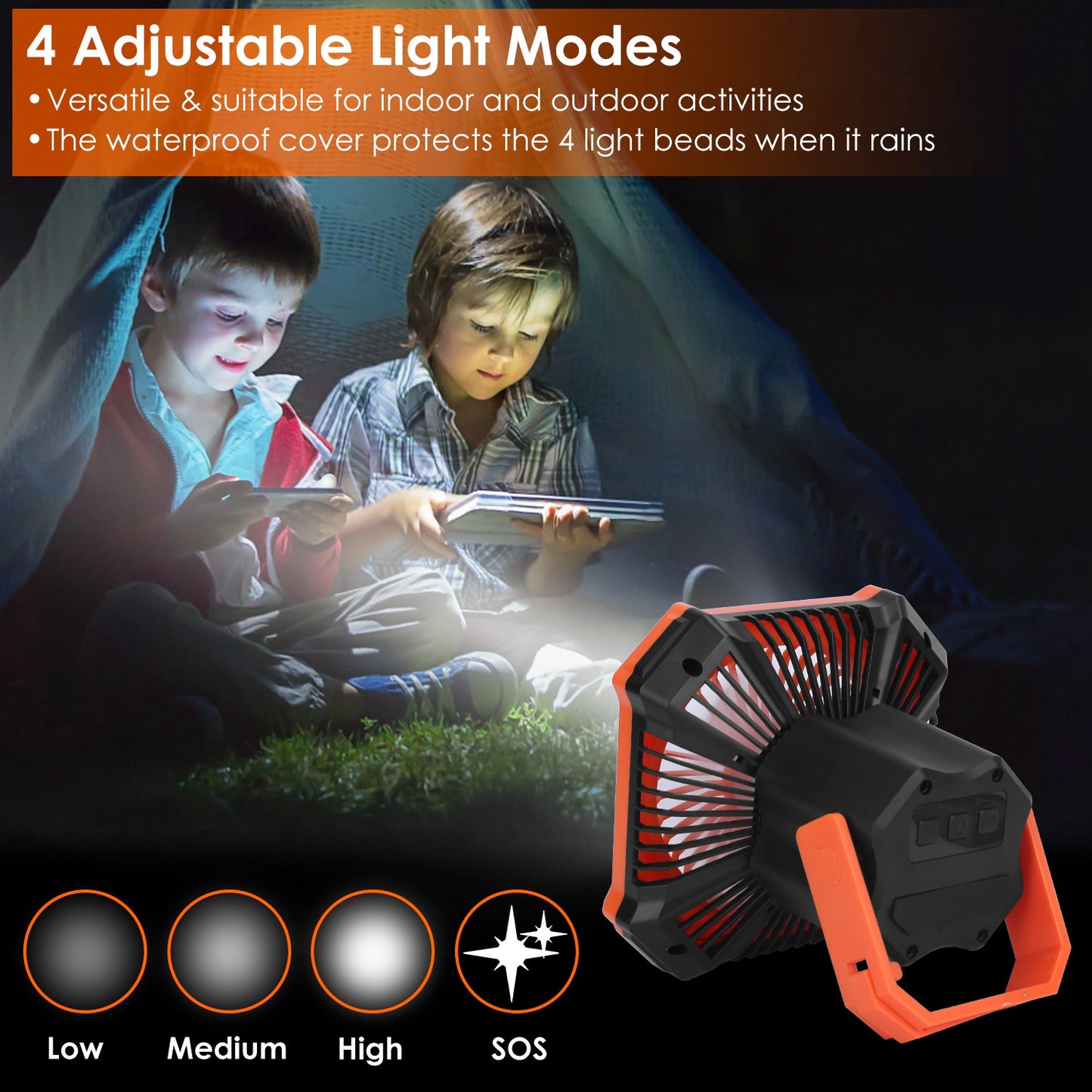 Portable Camping Lantern Fan - USB Rechargeable, 3 Wind & 4 Light Modes, Emergency Power Bank, Orange
