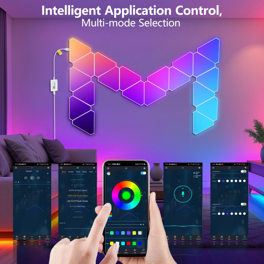 Triangular RGB LED Wall Lights 20-Pack with App & Remote - Music Sync Gaming Decor