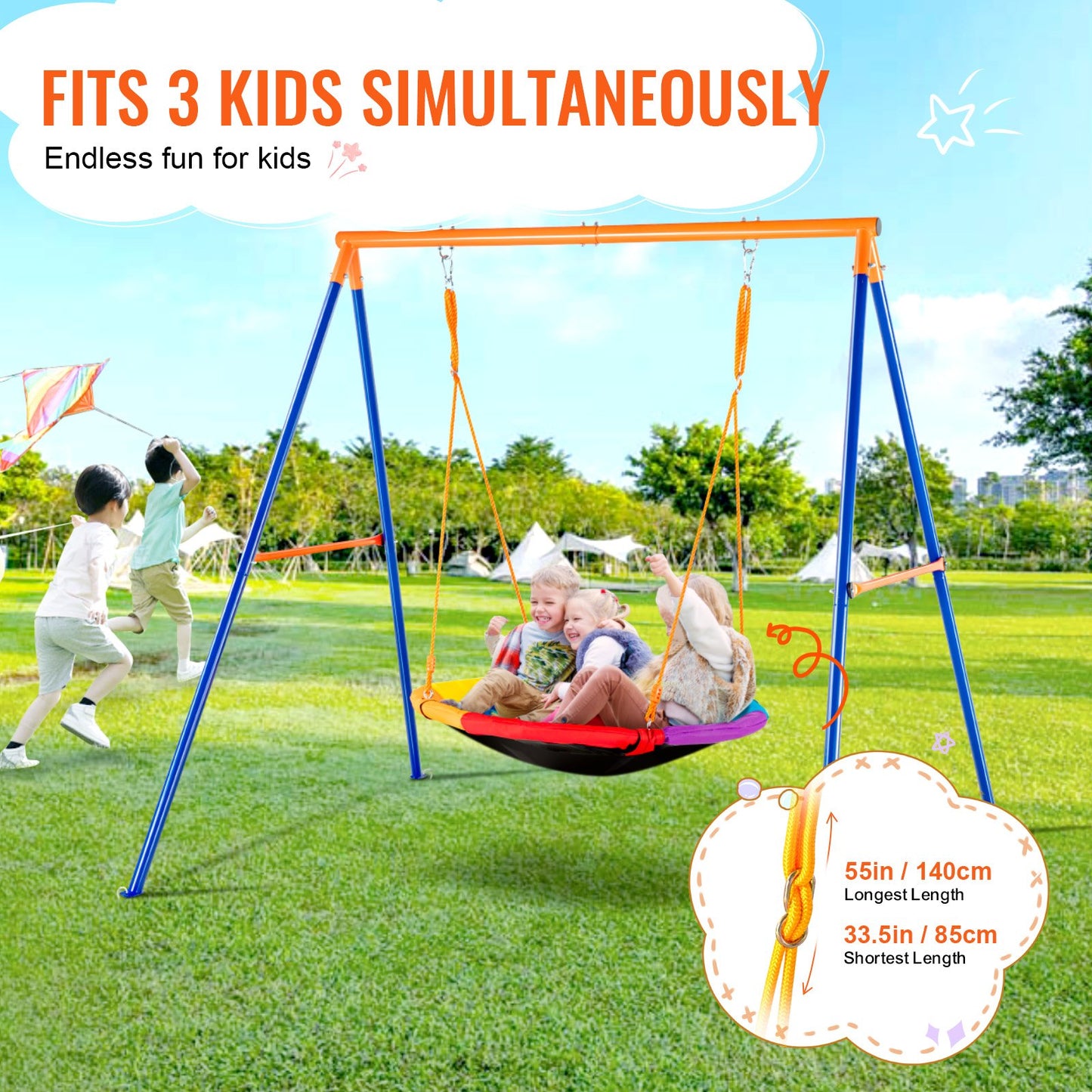 40-Inch Saucer Swing Set with Metal A-Frame Stand for Backyard - Orange