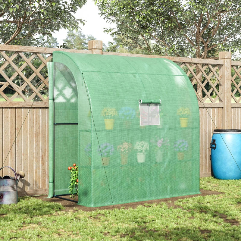 Lean To Greenhouse with Shelves - Walk-In Plant Nursery, Green PE Cover