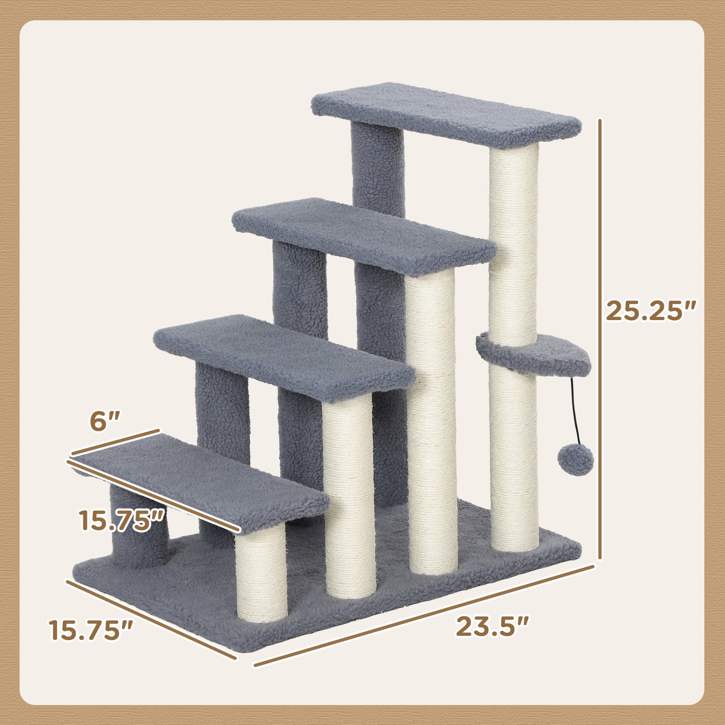 Cat Steps with Scratching Posts for High Beds & Sofas - Gray, 4 Levels