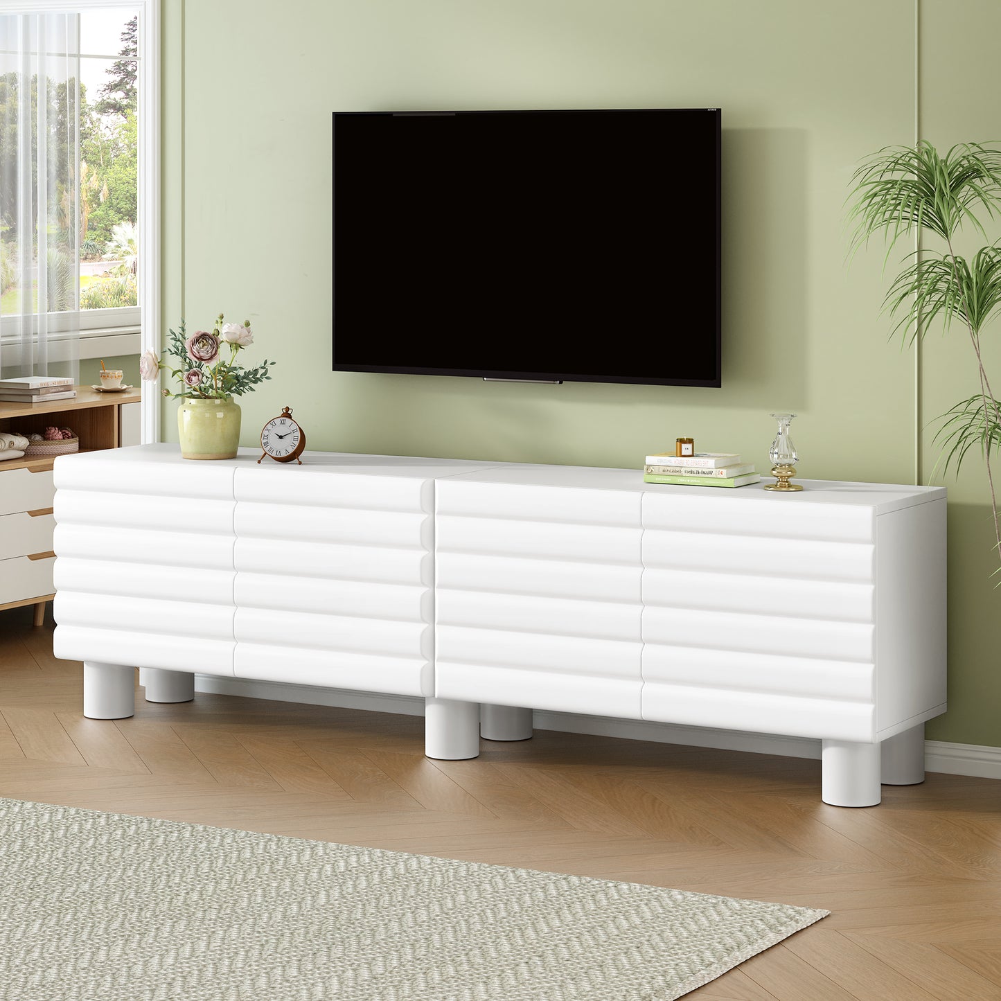 Stylish White Wavy Door TV Cabinet with Adjustable Shelves