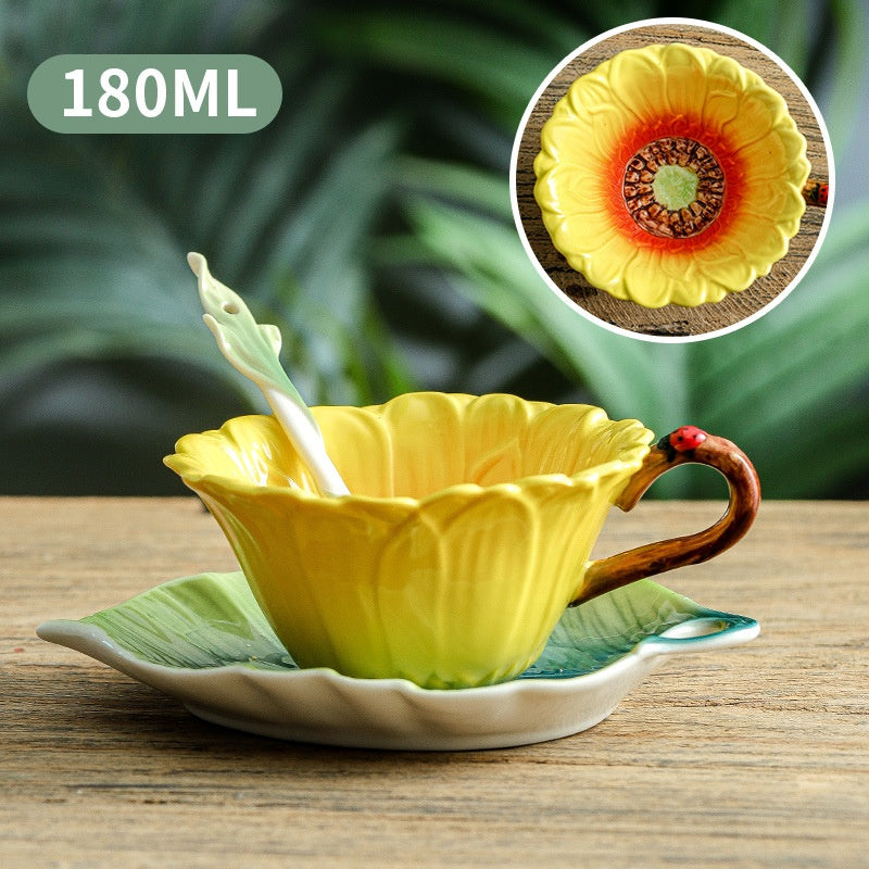 Handmade Enamel Ceramic Coffee Cup with Plate and Spoon - Latte Art Drinkware