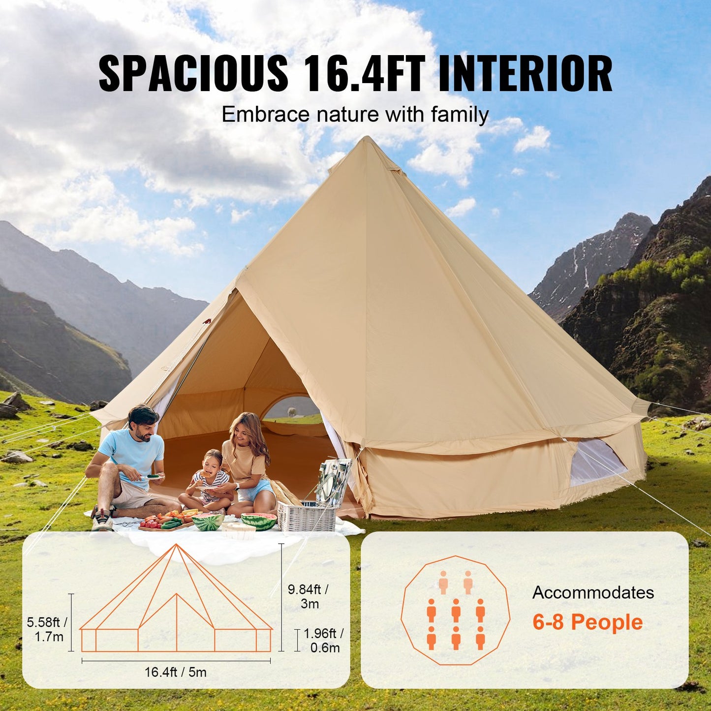 8-10 Person Canvas Bell Tent with Stove Jack Waterproof Yurt for Family Camping 16x16ft