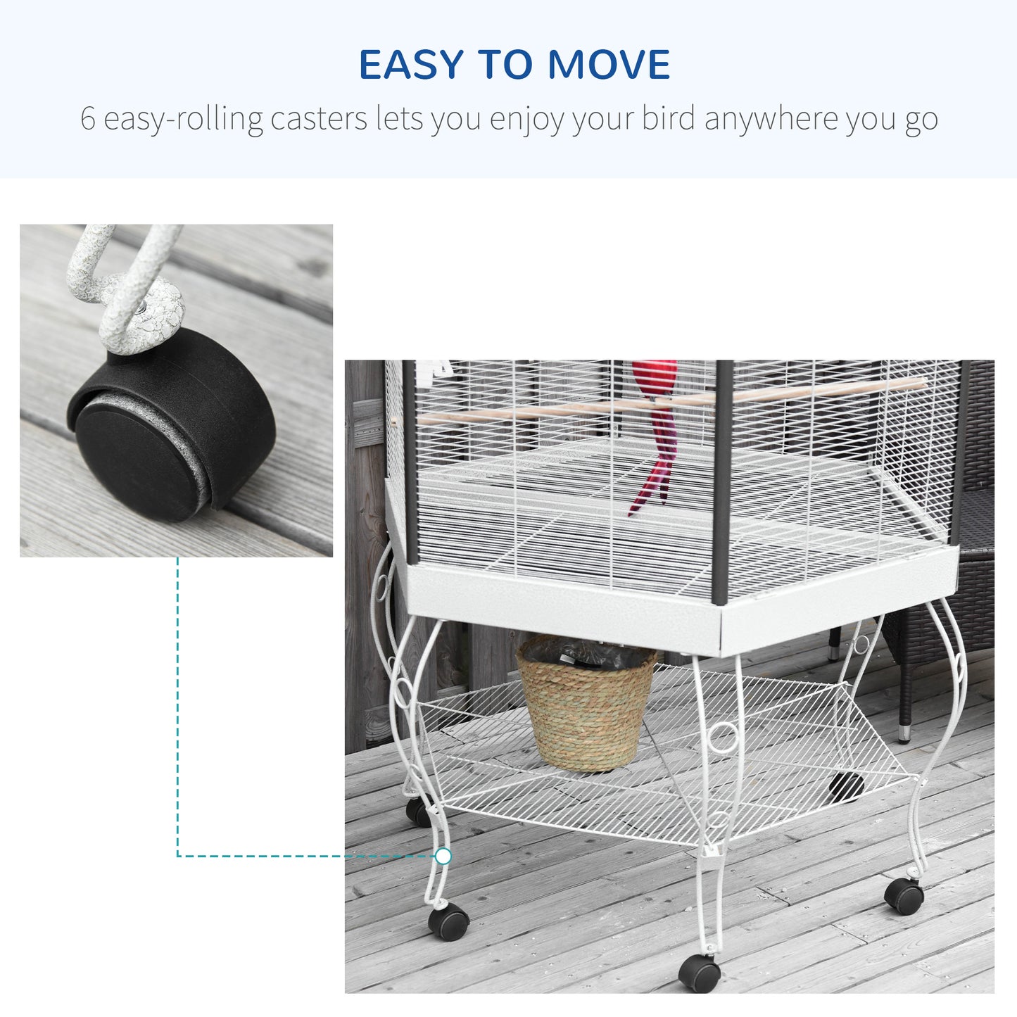 77-Inch Hexagon Bird Cage with Canopy, Portable Aviary, White