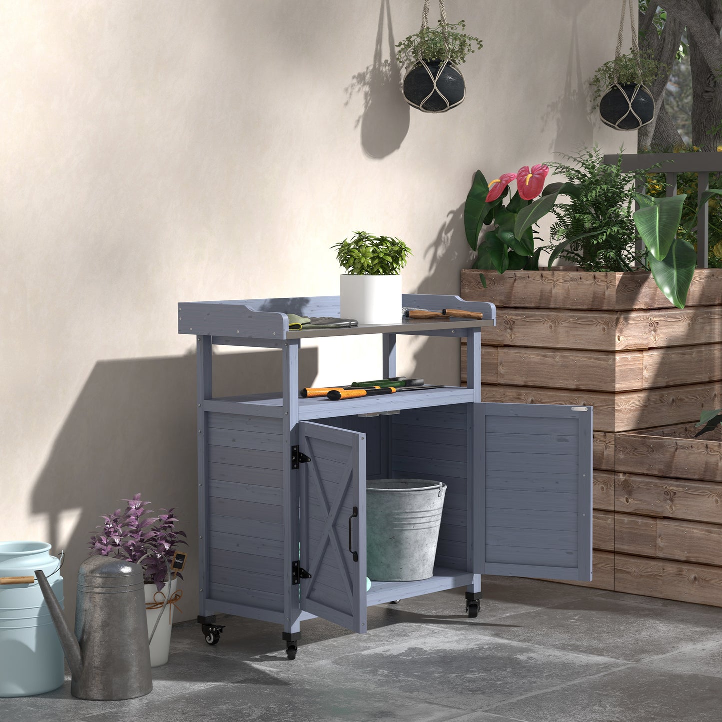 Outdoor Wooden Potting Bench with Storage Cabinet and Movable Wheels, Gray