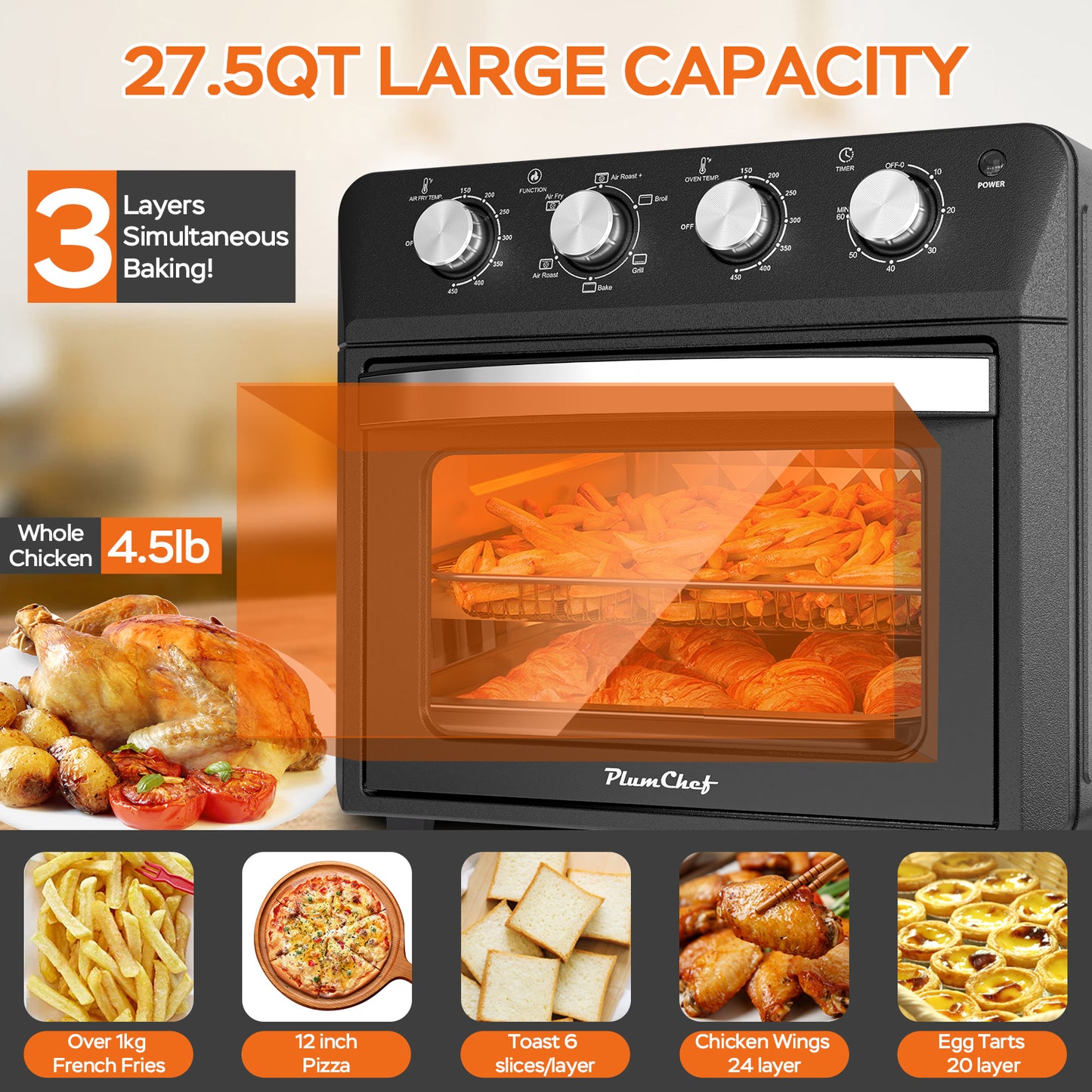 27.5QT 6-in-1 Air Fryer Toaster Oven - Black