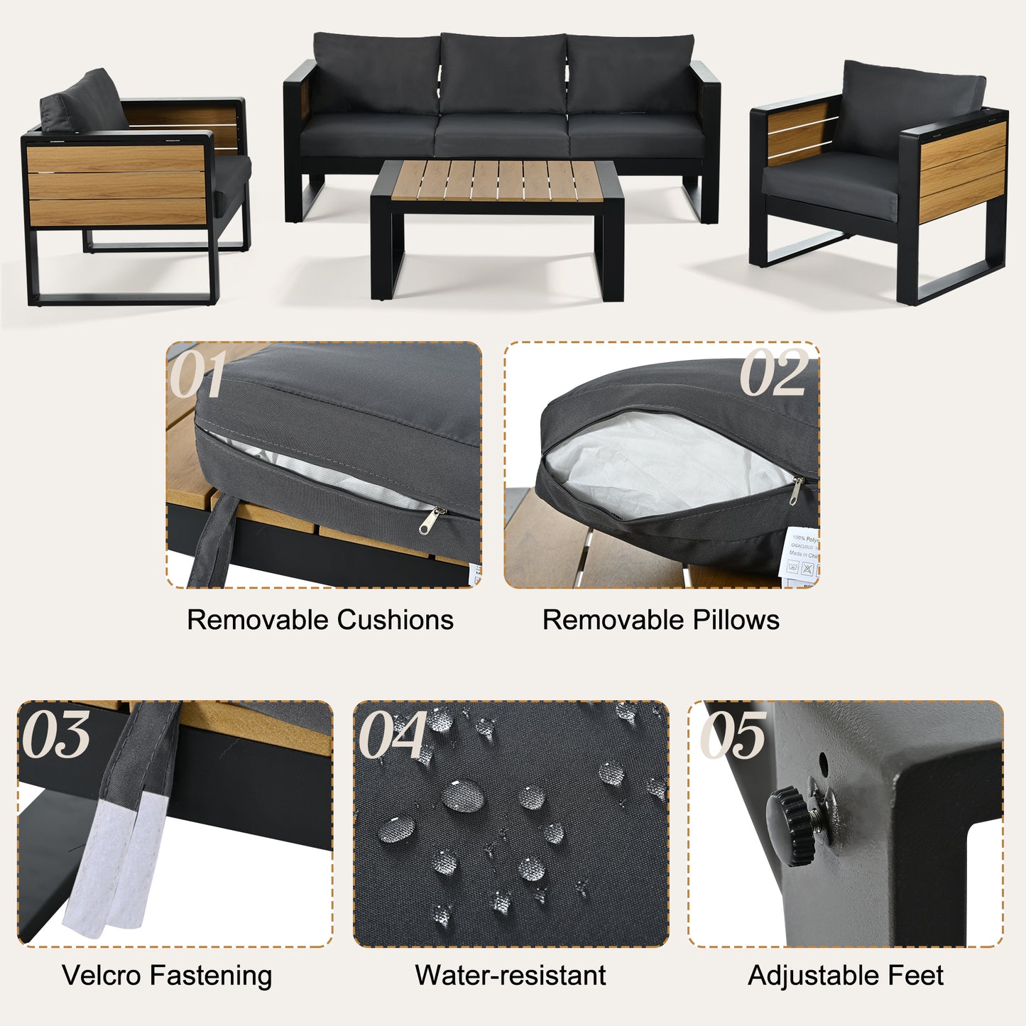 Large 4-Piece Outdoor Patio Furniture Set For 5 Person, 3-Seater