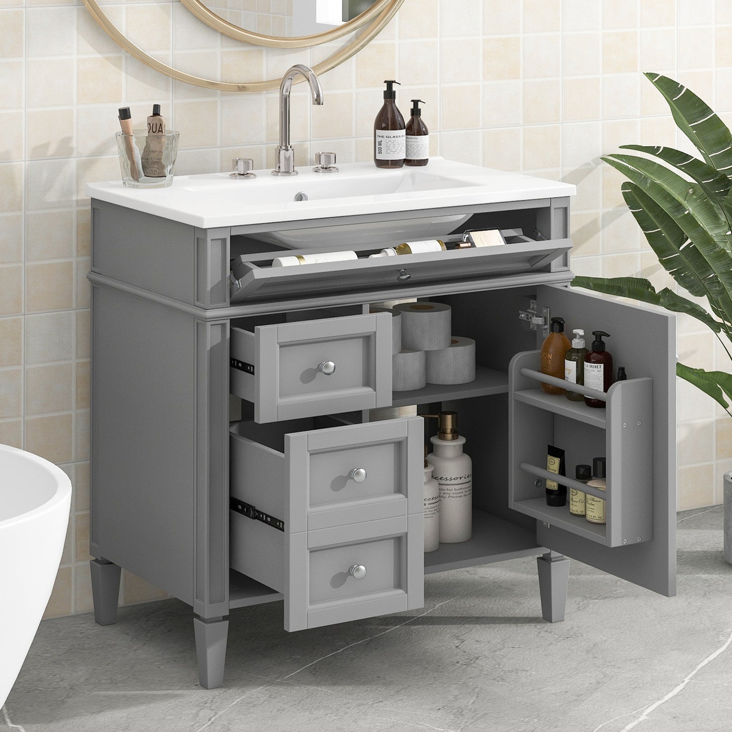 30'' Modern Bathroom Vanity with Sink & 3 Drawers - Grey