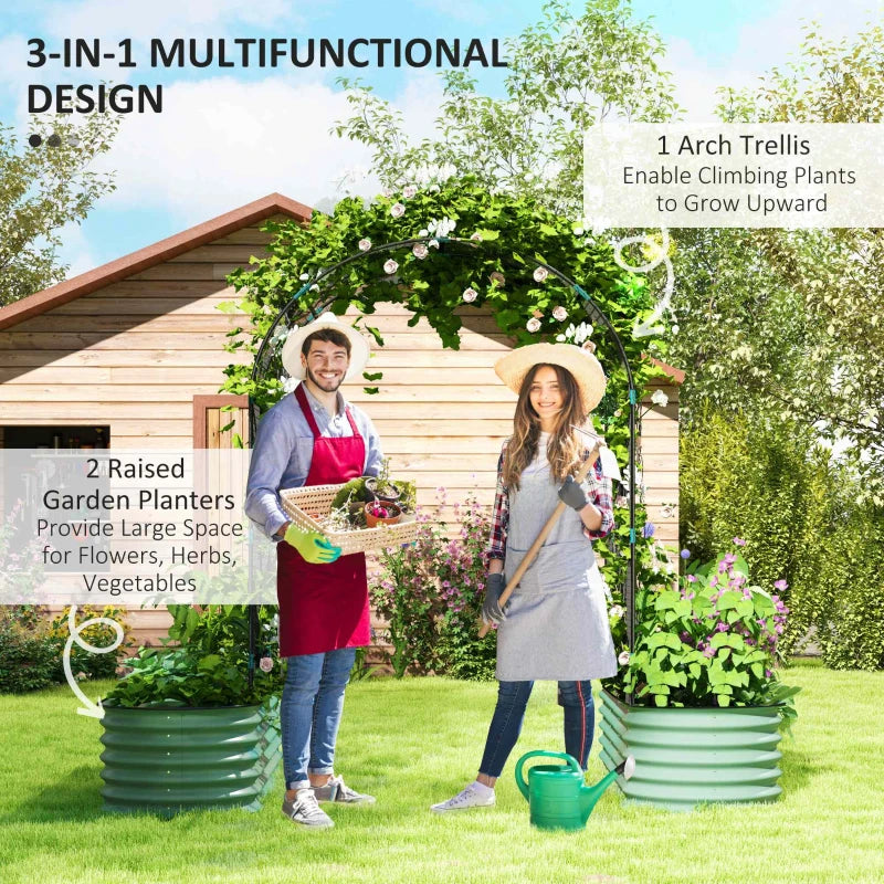 Garden Bed Set with Arch Trellis Climbing Net Galvanized Steel Green