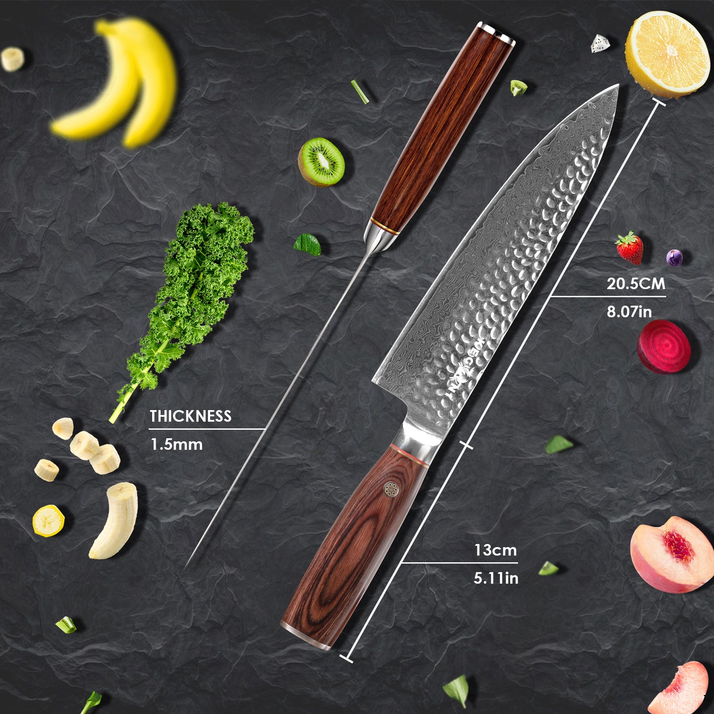 Damascus Chef Knife - 8 Inch Full Tang 10Cr15CoMoV Steel with Gift Box