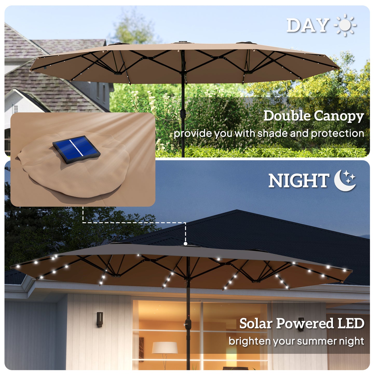14.4 ft Double-Sided Garden Parasol with LED Solar Lights - Khaki