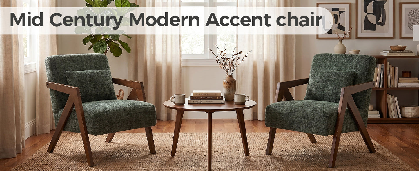 Mid-Century Modern Accent Chair - Dark Green Chenille Upholstered