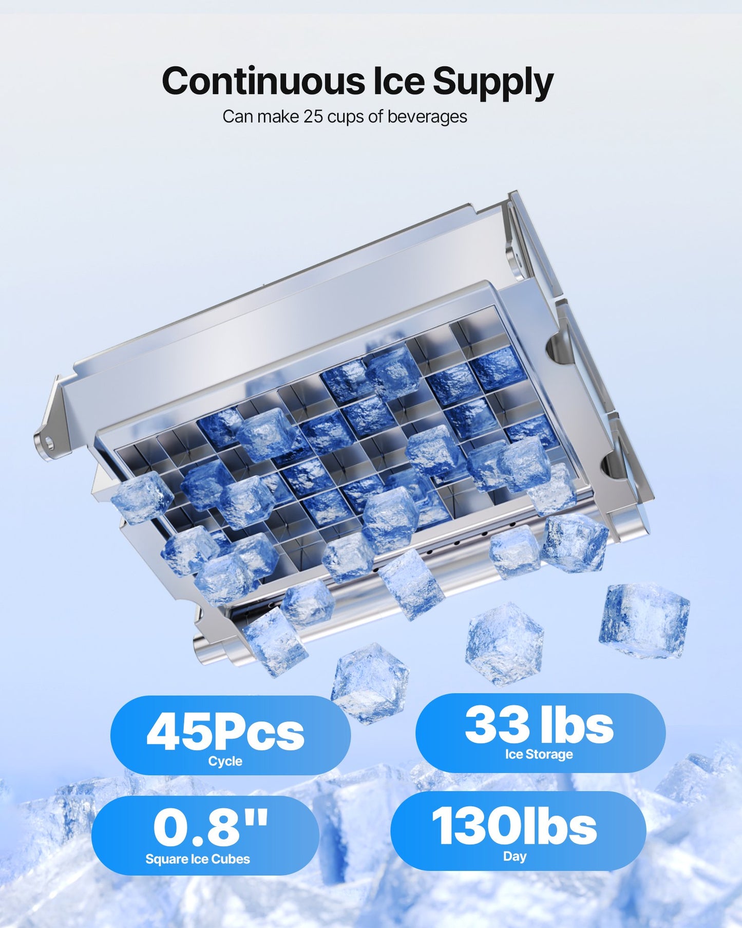 Commercial Ice Maker Machine with Pump, 130Lbs/24H, 33Lbs Storage, LED Display, Self-Cleaning, for Home Bar & Restaurant