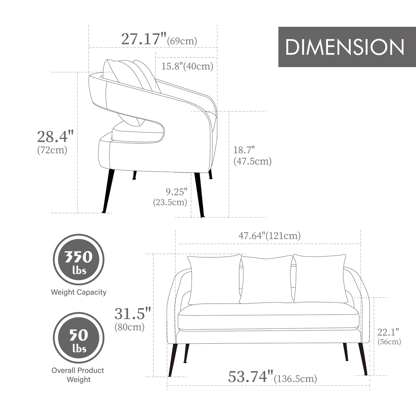 Modern Velvet Loveseat Settee with 3 Pillows - Charcoal