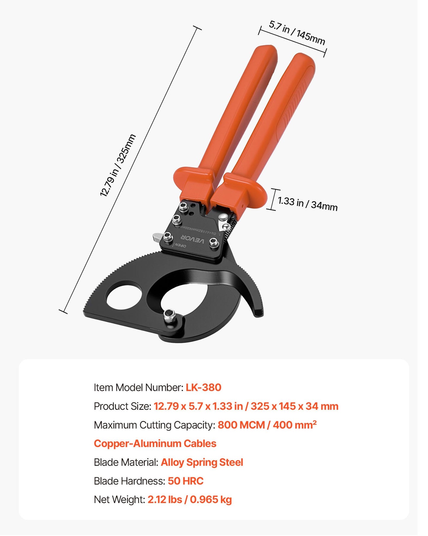 Heavy Duty Ratchet Cable Cutter for Copper & Aluminum Wires - Up to 800 MCM