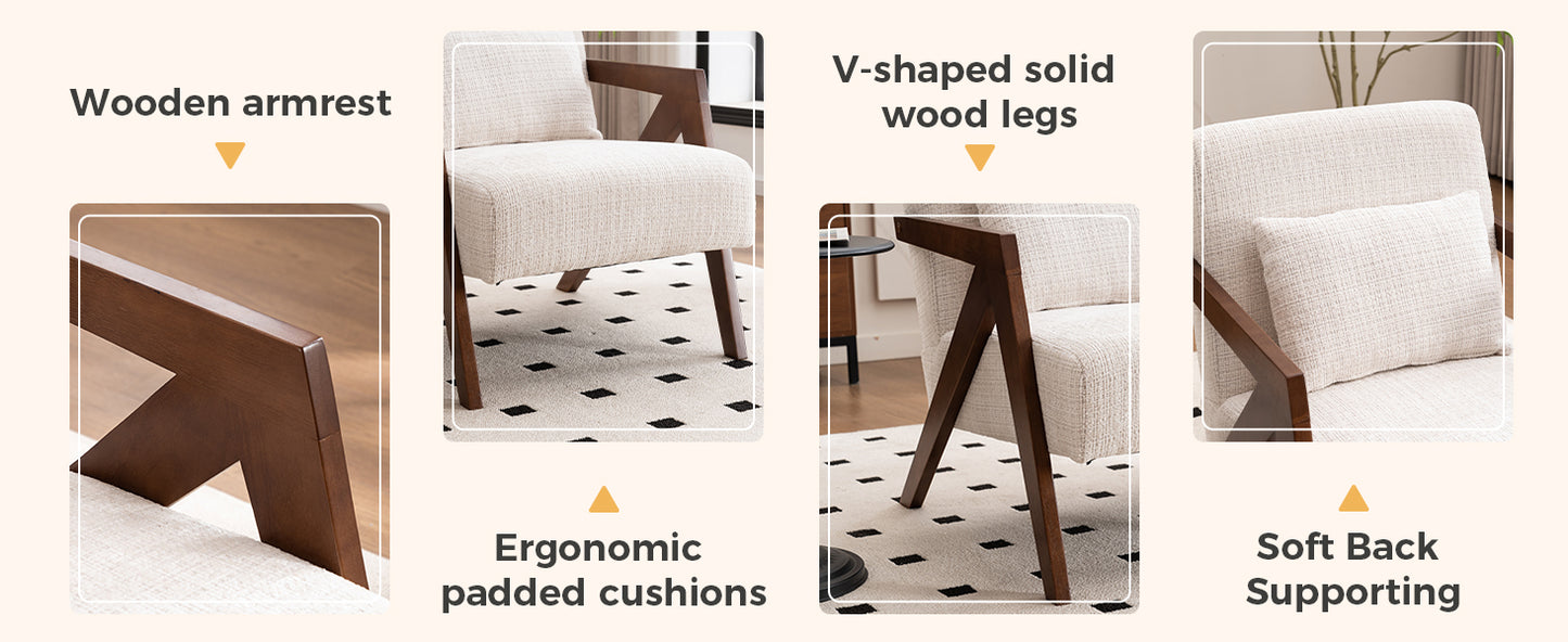 Mid-Century Modern Accent Chair - Solid Wood & Upholstered Chenille - Beige