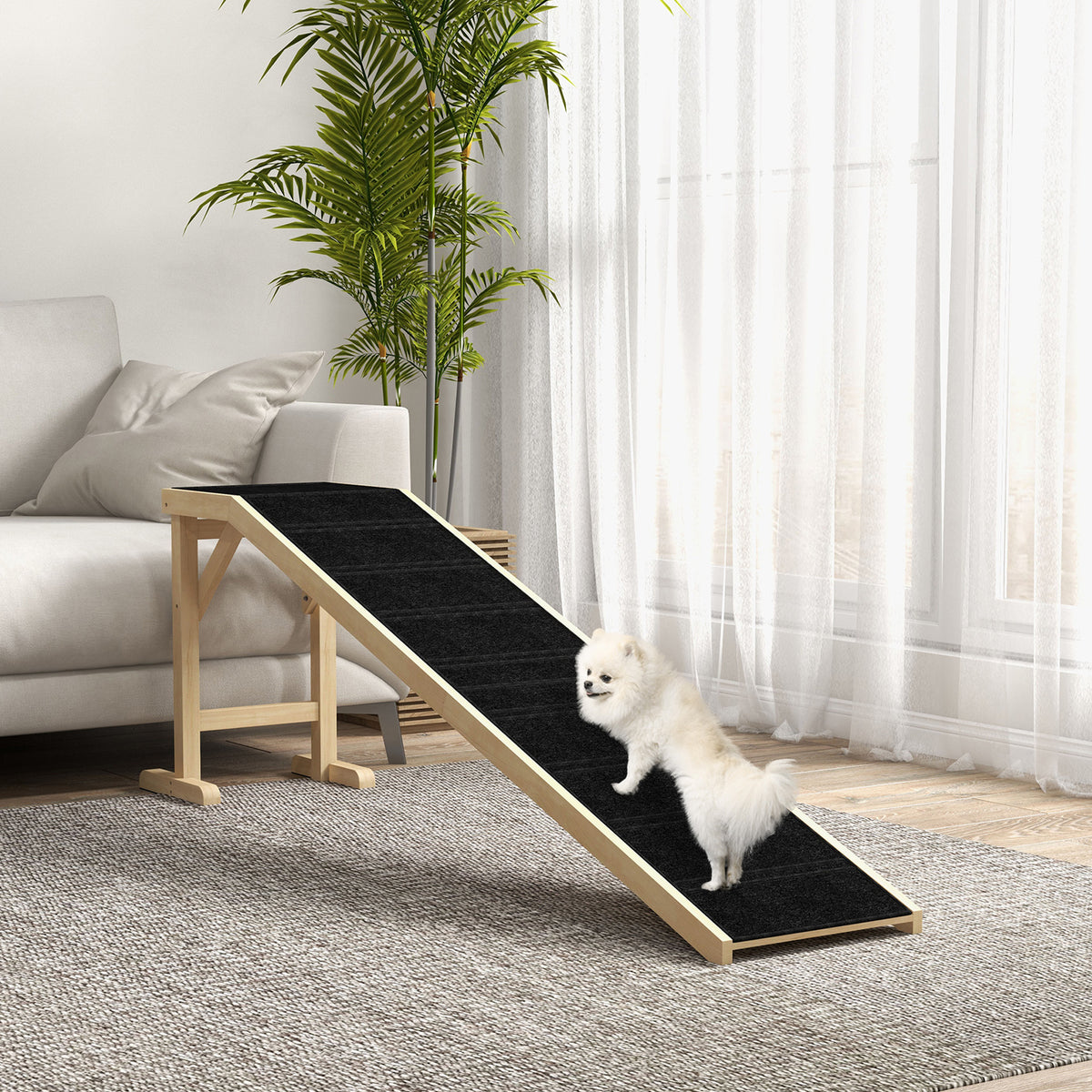 Dog Ramp for Bed, Non-Slip Pet Ramp with Top Platform - Natural Wood, 74 x 16 x 25 inches