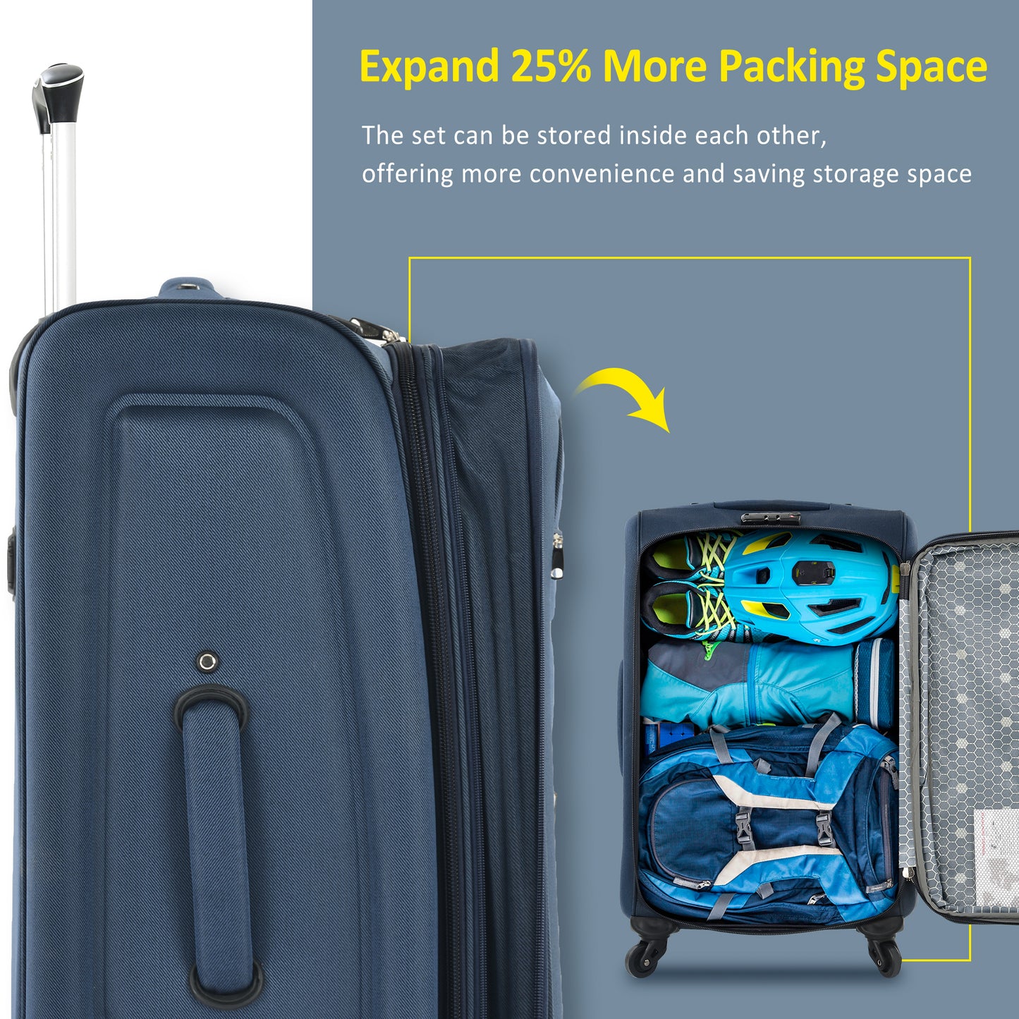 Expandable Softside Luggage Set - 3 Piece Spinner Suitcase - Dark Blue