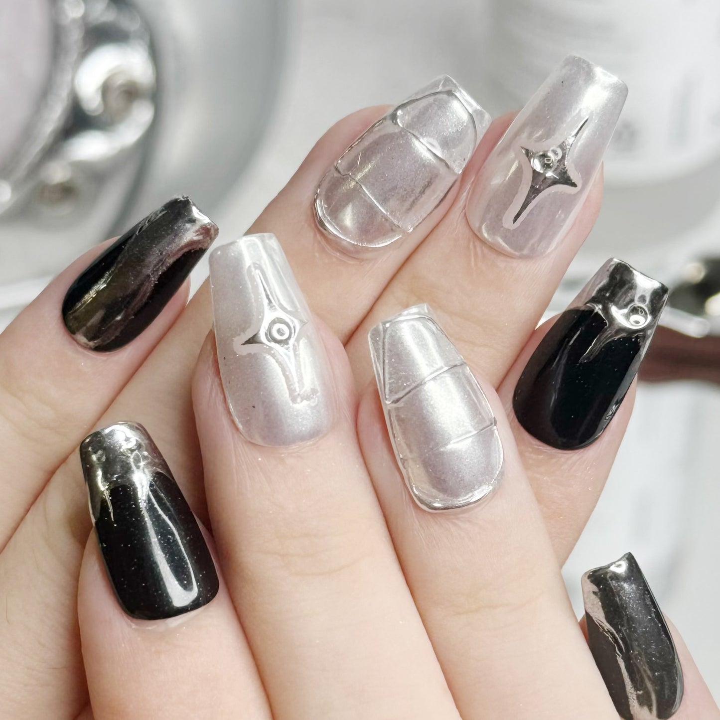 Women's Nail Art Kit with Four Eight-Pointed Star Designs - Long T & XS-L Sizes