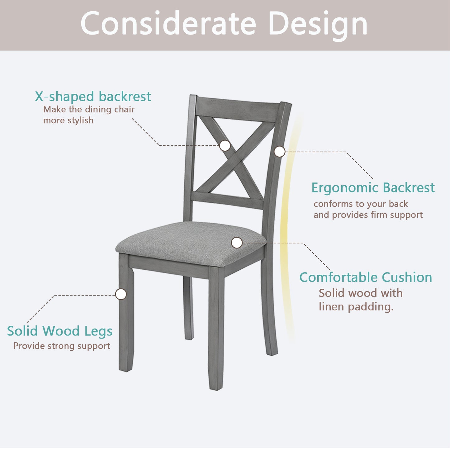 Wooden Dining Chairs Set of 4 - Upholstered Gray Kitchen Chairs