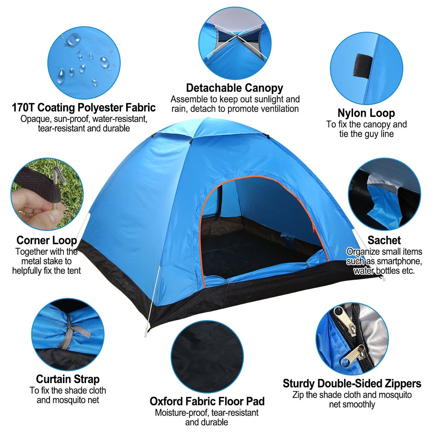 4-Person Waterproof Camping Tent with Mosquito Net - Blue