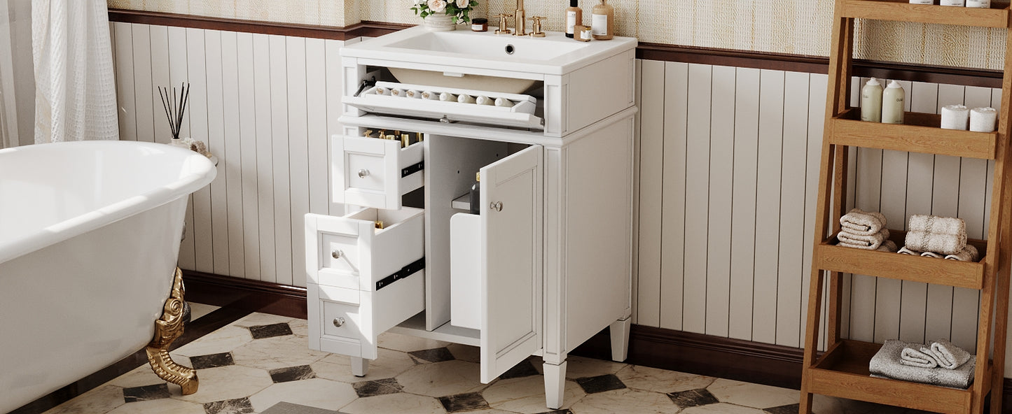 24-Inch Modern Bathroom Vanity with Ceramic Sink & 3 Drawers - White