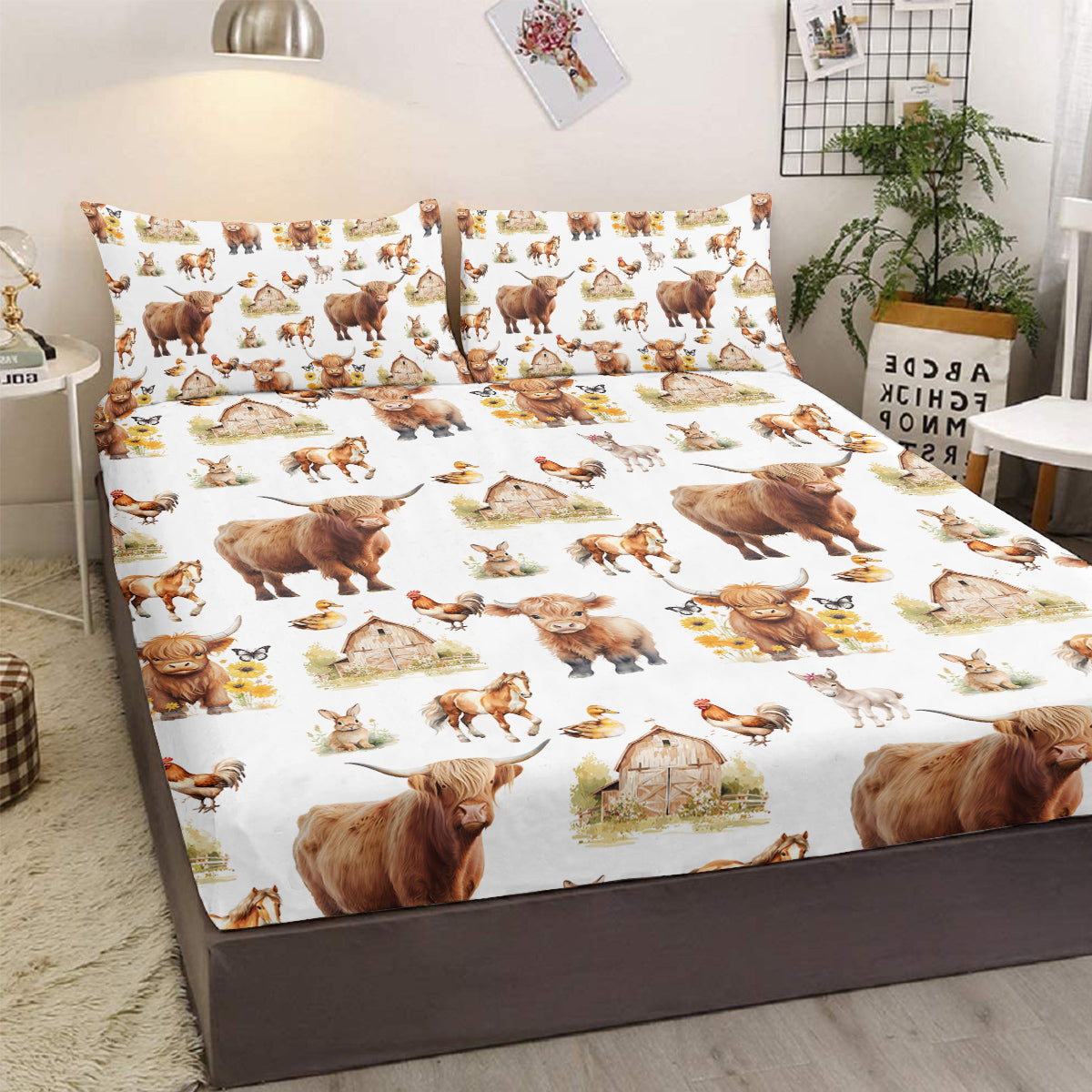 Children's Minimalist Bedding Set with Cow & Duck Design - 3pcs