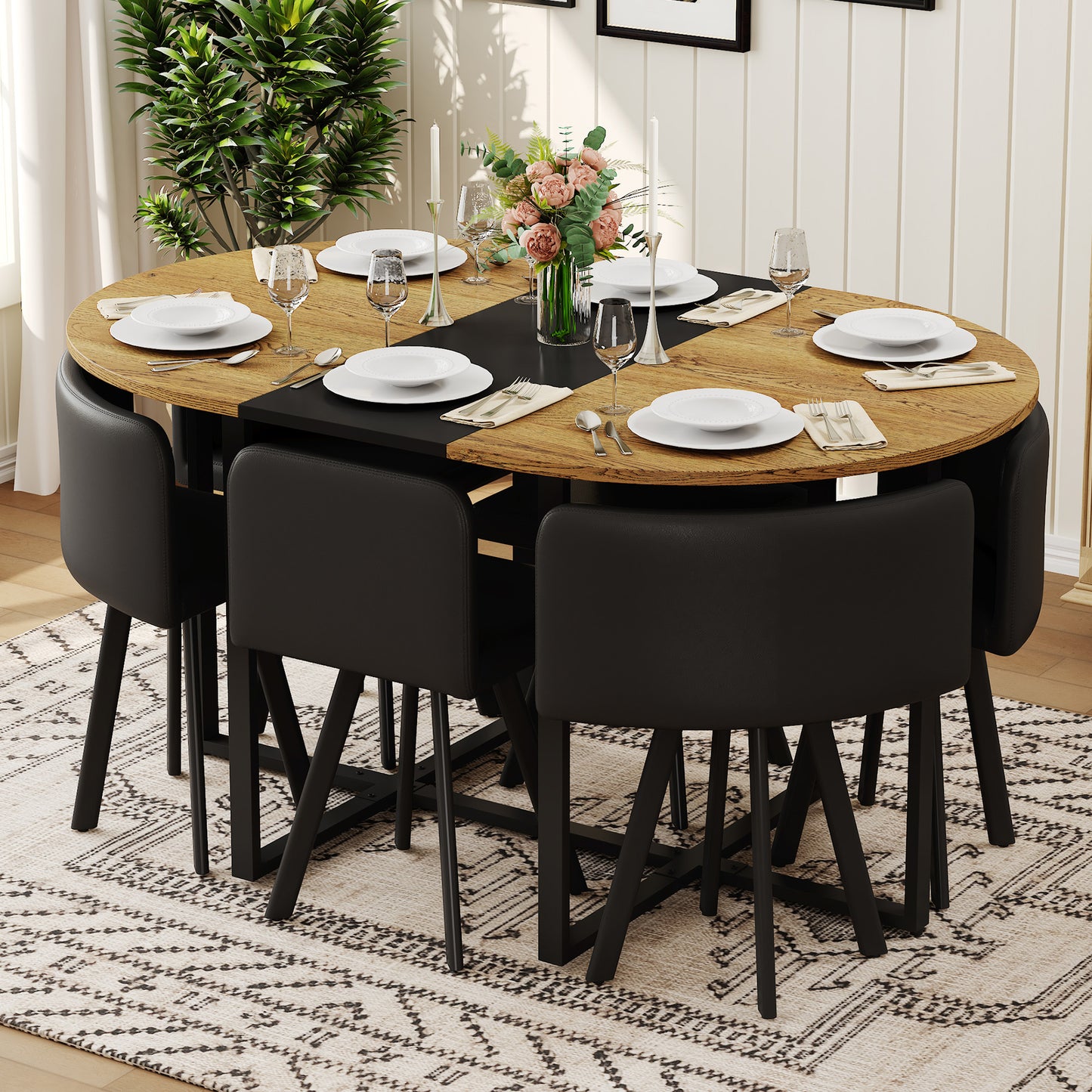 7-Piece Oval Dining Table Set, Fixed Wood Grain & Black Triamine