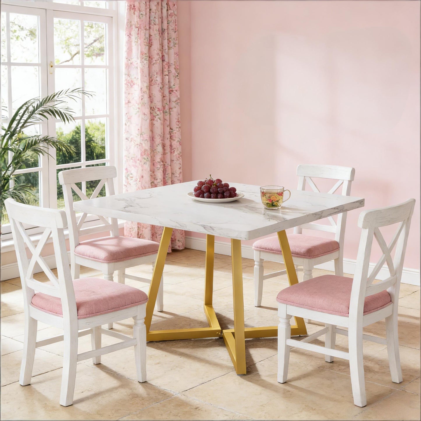 Square Vintage Dining Table - Gold White Finish