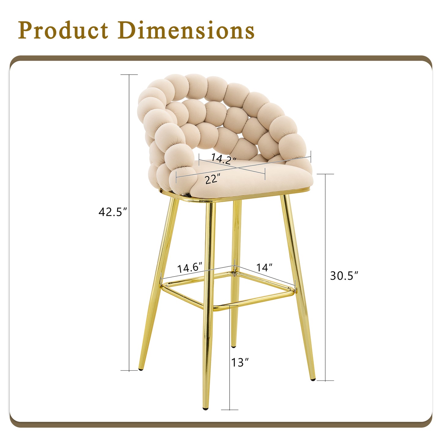 Set of 2 Modern Velvet Bar Stools with Gold Legs - Beige